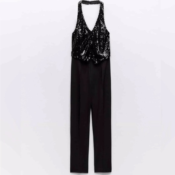 Zara Sequin Vest Halter Jumpsuit Open Back V- neck Black size S - Picture 4 of 12